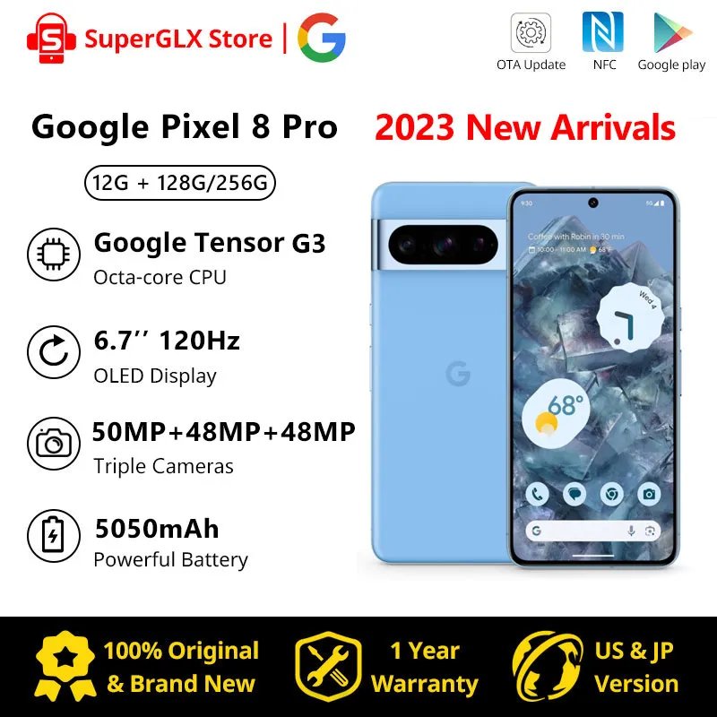 2023 New Google Pixel 8 Pro 5G Google Tensor G3 12GB 128GB 6.7" NFC Octa Core Android 14 IP68 dust/water resistant 50MP Cameras